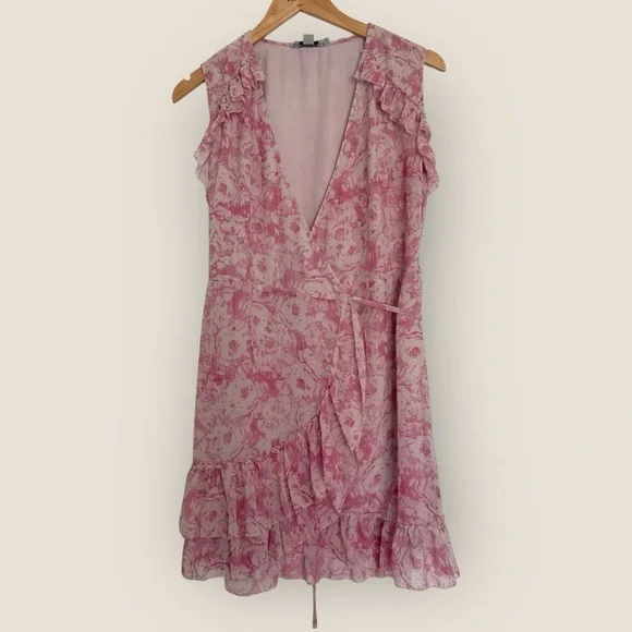 AllSaints Pink Floral Wrap Dress Size Small Ruffle Hem